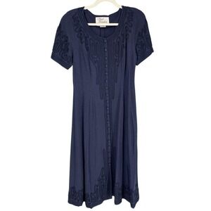 Vintage Sarah Elizabeth Dress Womens 14 Navy Soutache Trim Midi Button Front